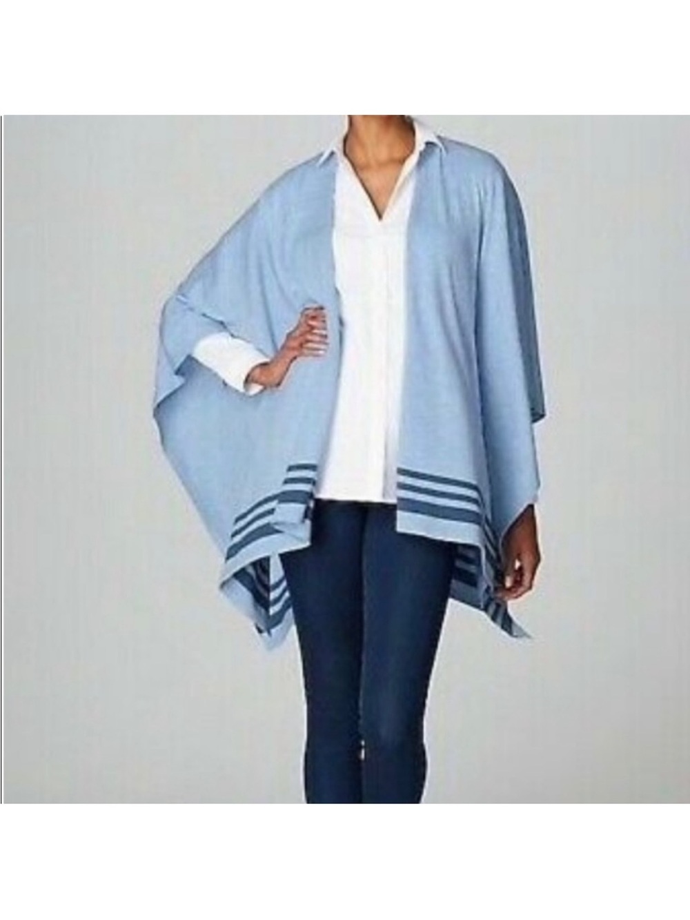 J. Jill Light Blue Open-Front Poncho with Navy Stripes beach nights